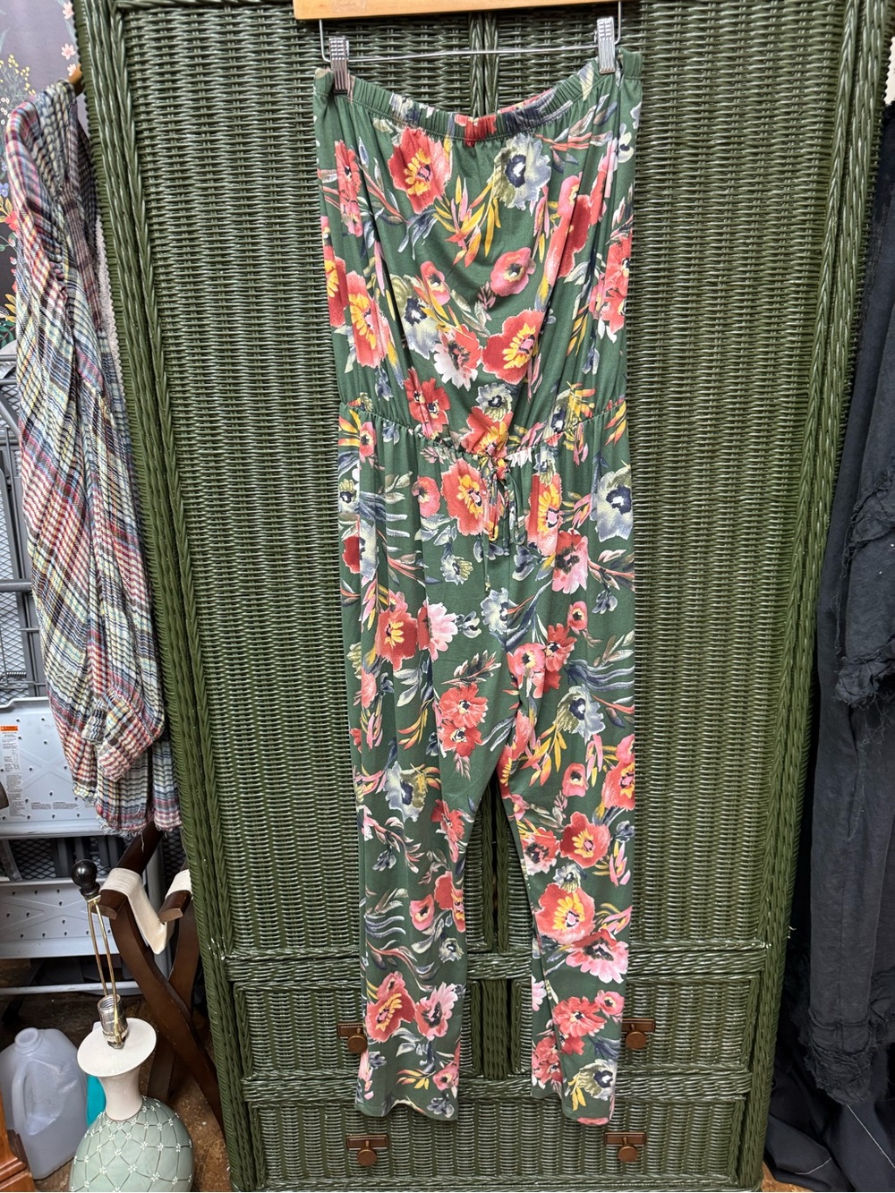 Gilli Olive Green Floral Strapless Tube Top Jumpsuit Size L Made in USA